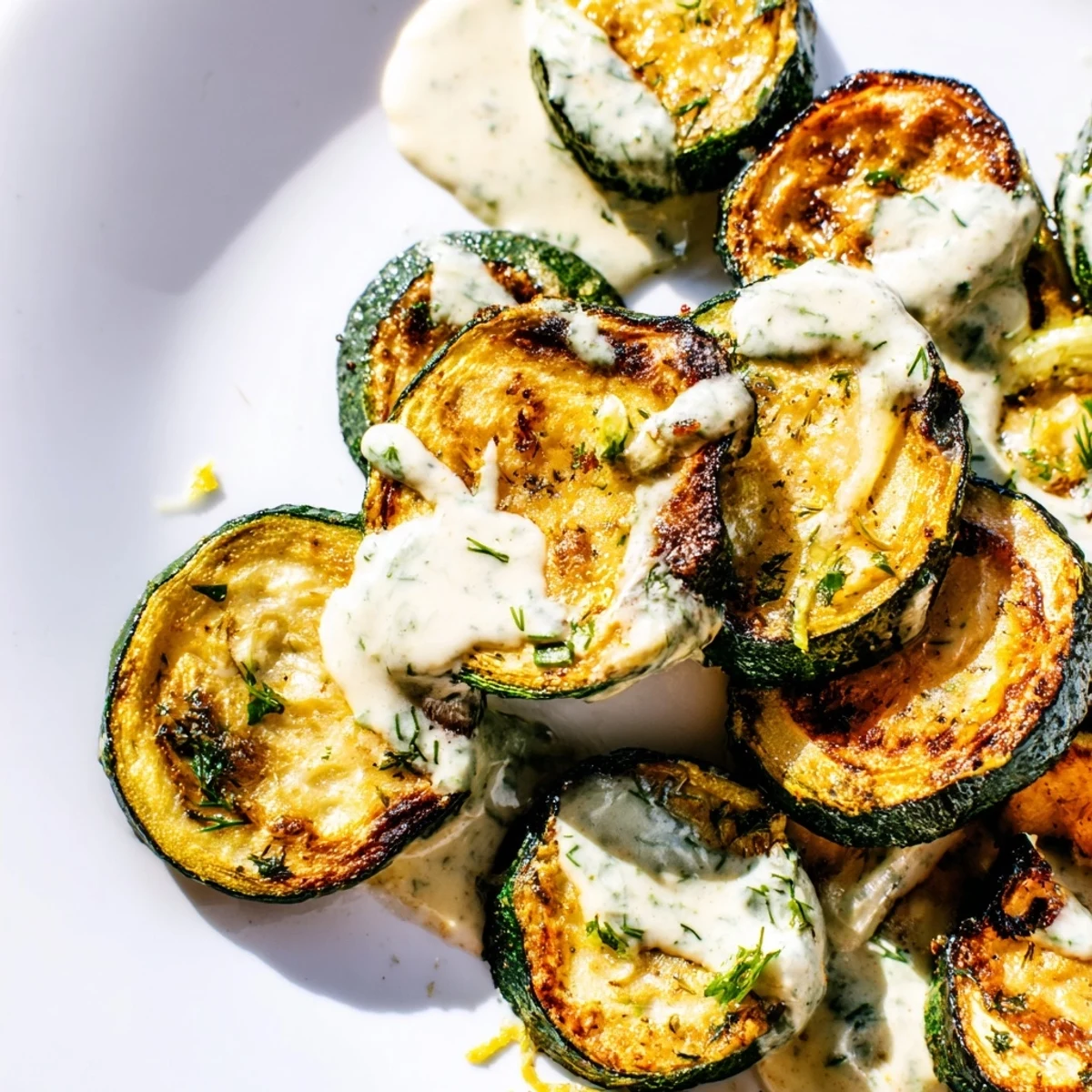 Mediterranean-style roasted zucchini with caramelized edges topped with bright herbed tahini dressing and lemon zest