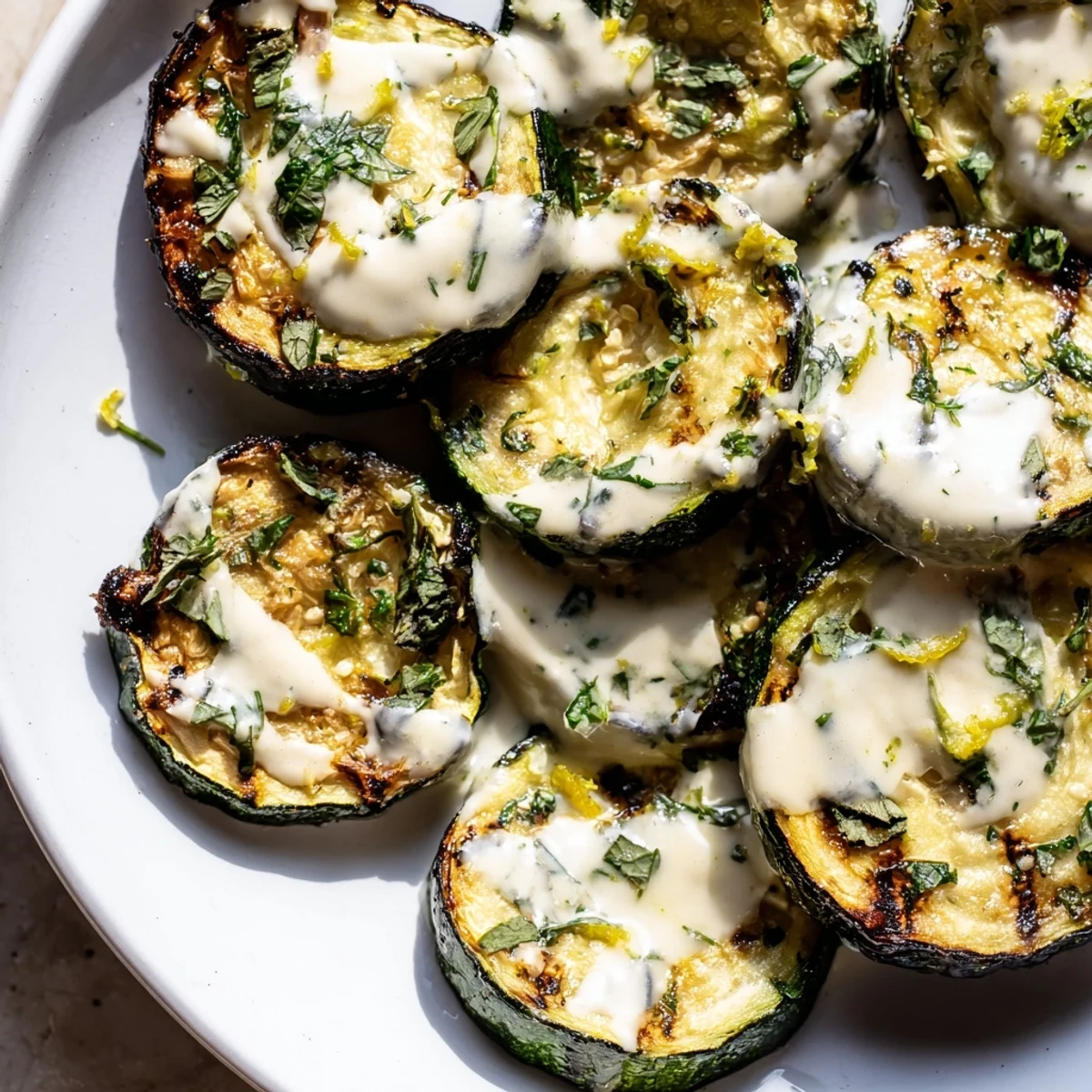 Vegan gluten-free side dish featuring tender roasted zucchini swimming in velvety lemon tahini sauce with mint and dill