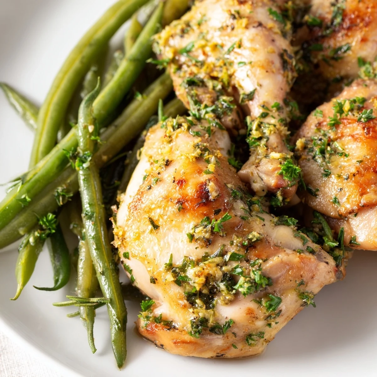 Oven-baked chicken seasoned with rosemary and thyme alongside tender caramelized green beans garnished with bright citrus slices