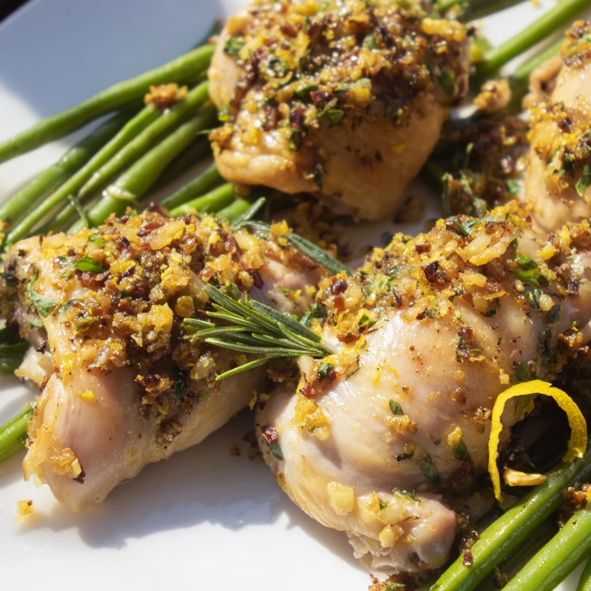 Golden brown garlic herb chicken breasts roasted with crisp green beans and fresh lemon wedges on a white baking sheet