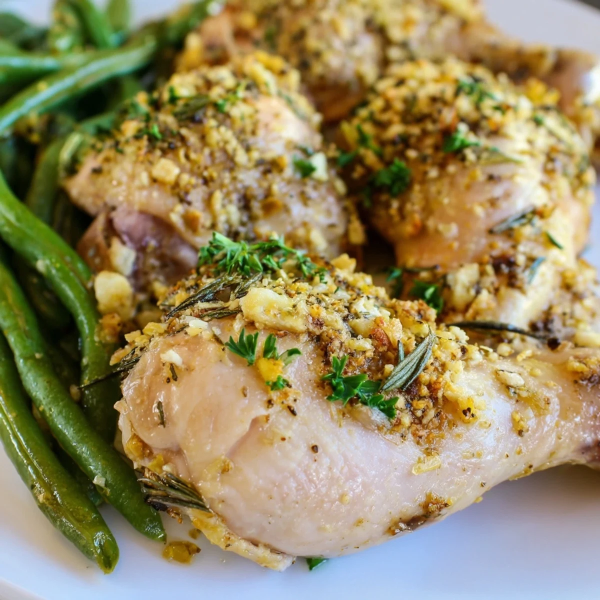 Succulent herb-marinated chicken with roasted green beans finished with lemon juice and parsley on parchment paper