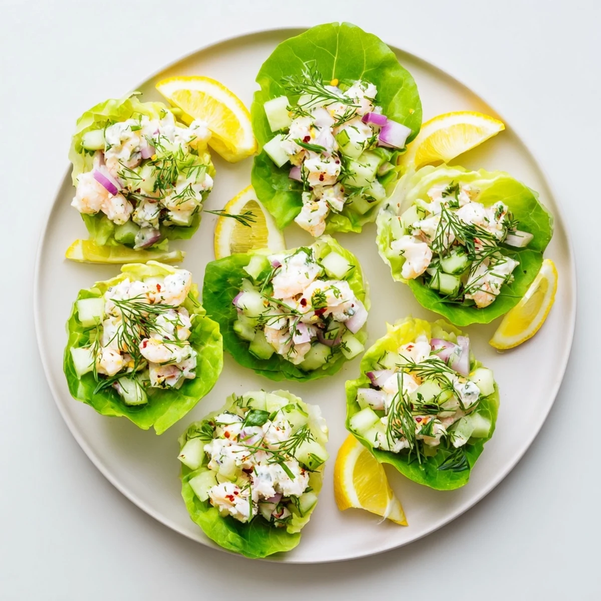 Crisp butter lettuce cups filled with zesty cottage cheese herb lemon shrimp salad garnished with fresh dill