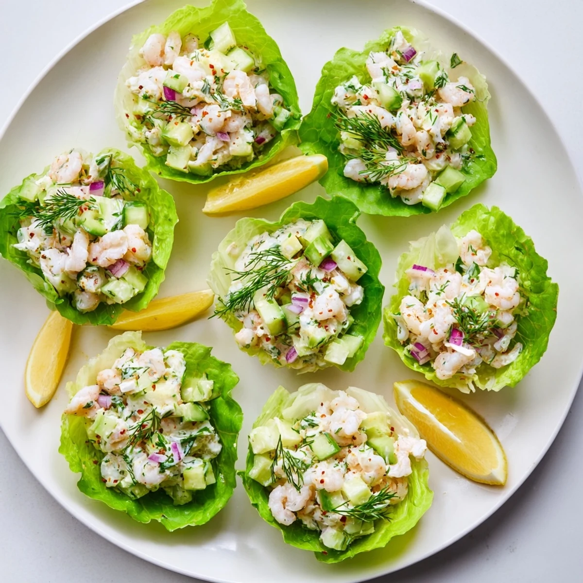 Platter of protein-packed cottage cheese herb lemon shrimp salad cups topped with diced cucumber and red onion