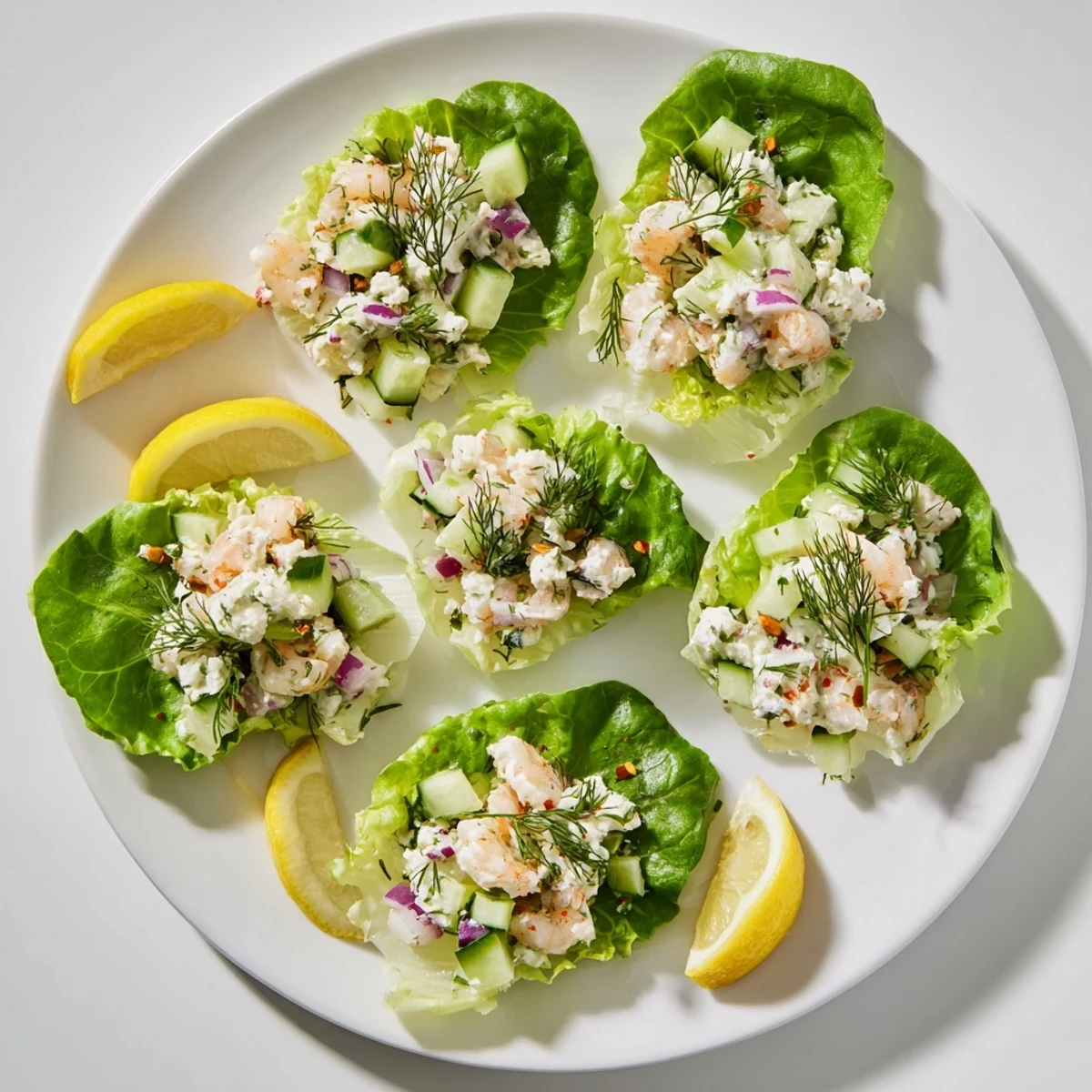 Close-up of refreshing shrimp and cottage cheese mixture served in chilled lettuce leaves with lemon wedge garnish
