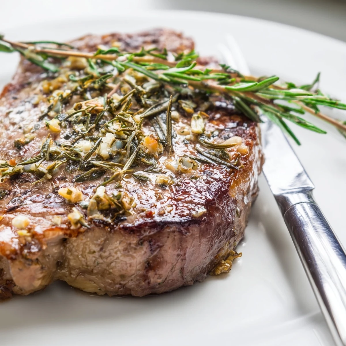Sliced juicy ribeye steak with rosemary and thyme served over lemon-dressed roasted asparagus spears