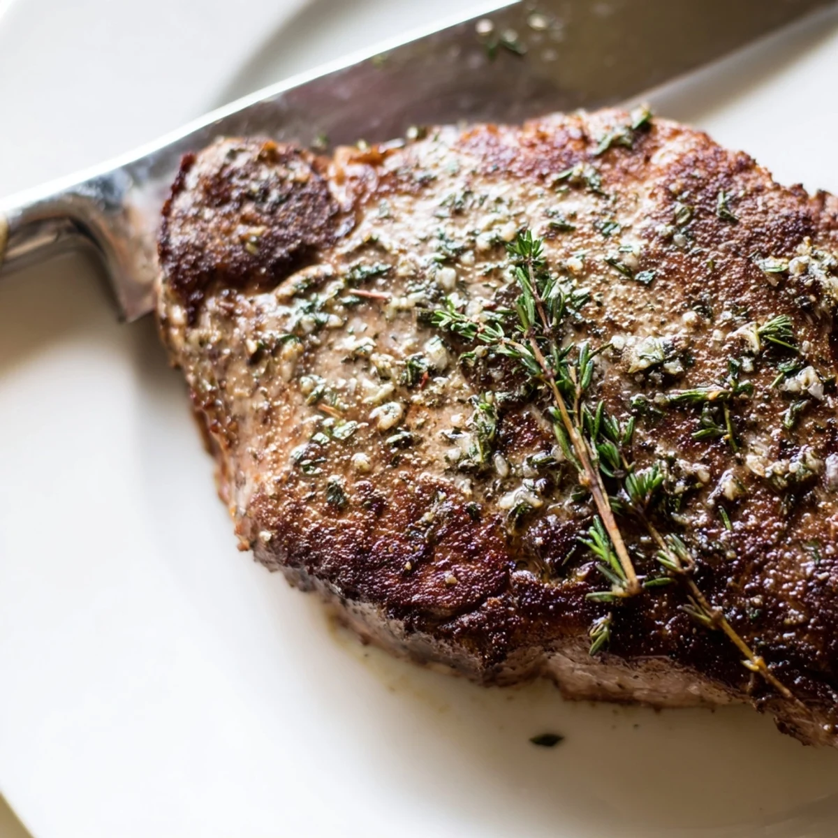Golden pan-seared garlic herb steak resting beside bright roasted asparagus with lemon zest garnish