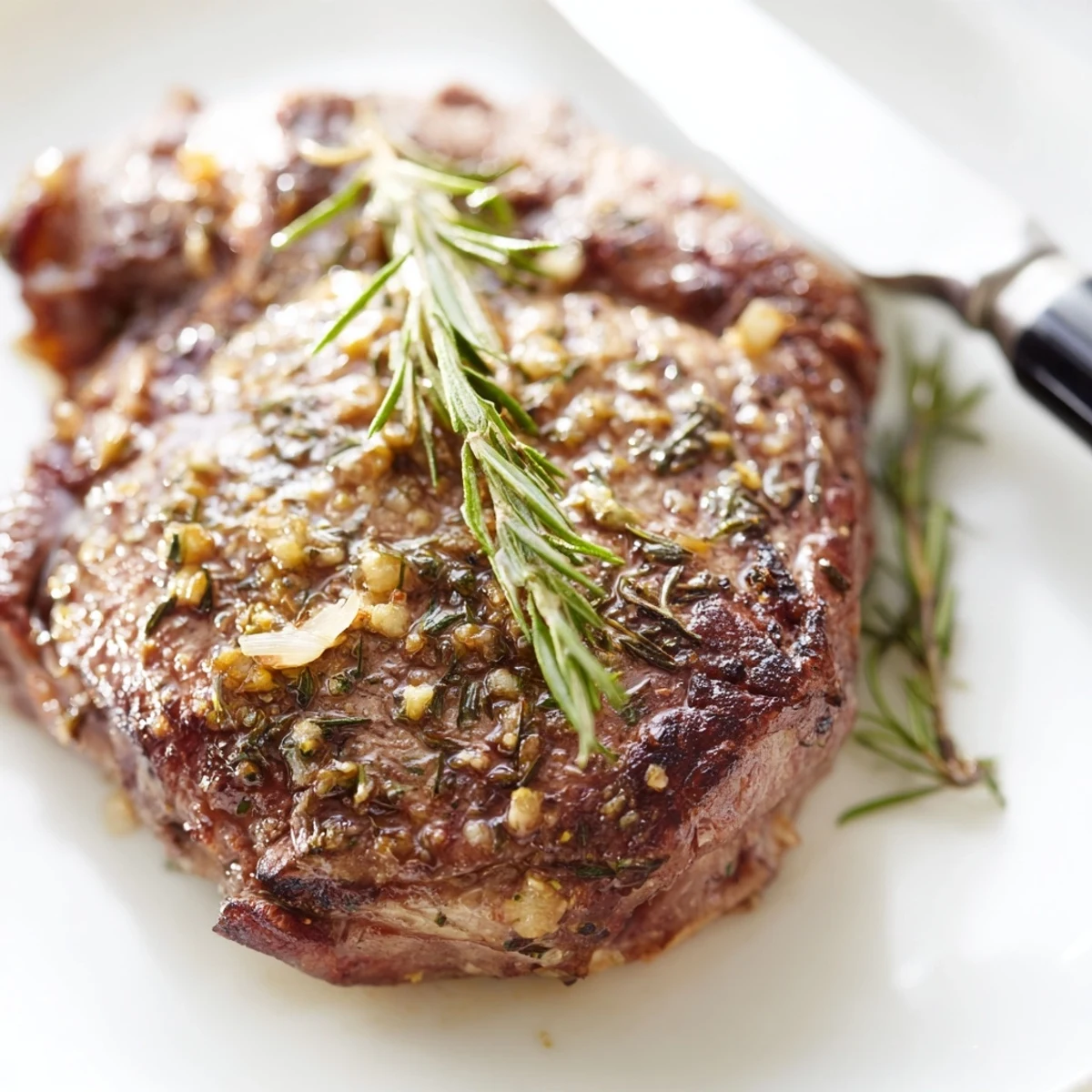 Perfectly seared medium-rare steak basted with garlic butter alongside tender lemon roasted asparagus