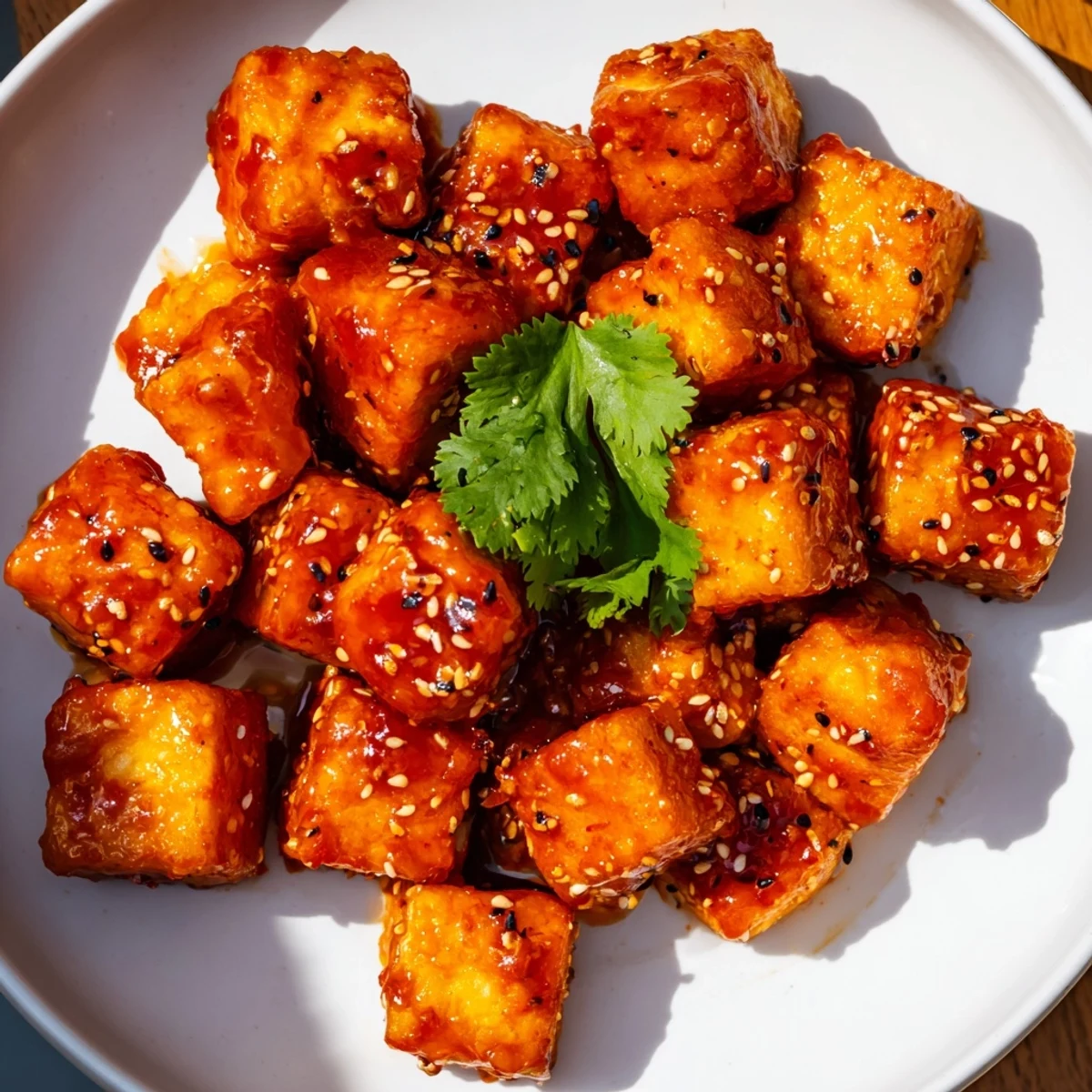 Golden crispy chili lime tofu cubes plated atop vibrant sesame broccoli with cashews and fresh cilantro garnish