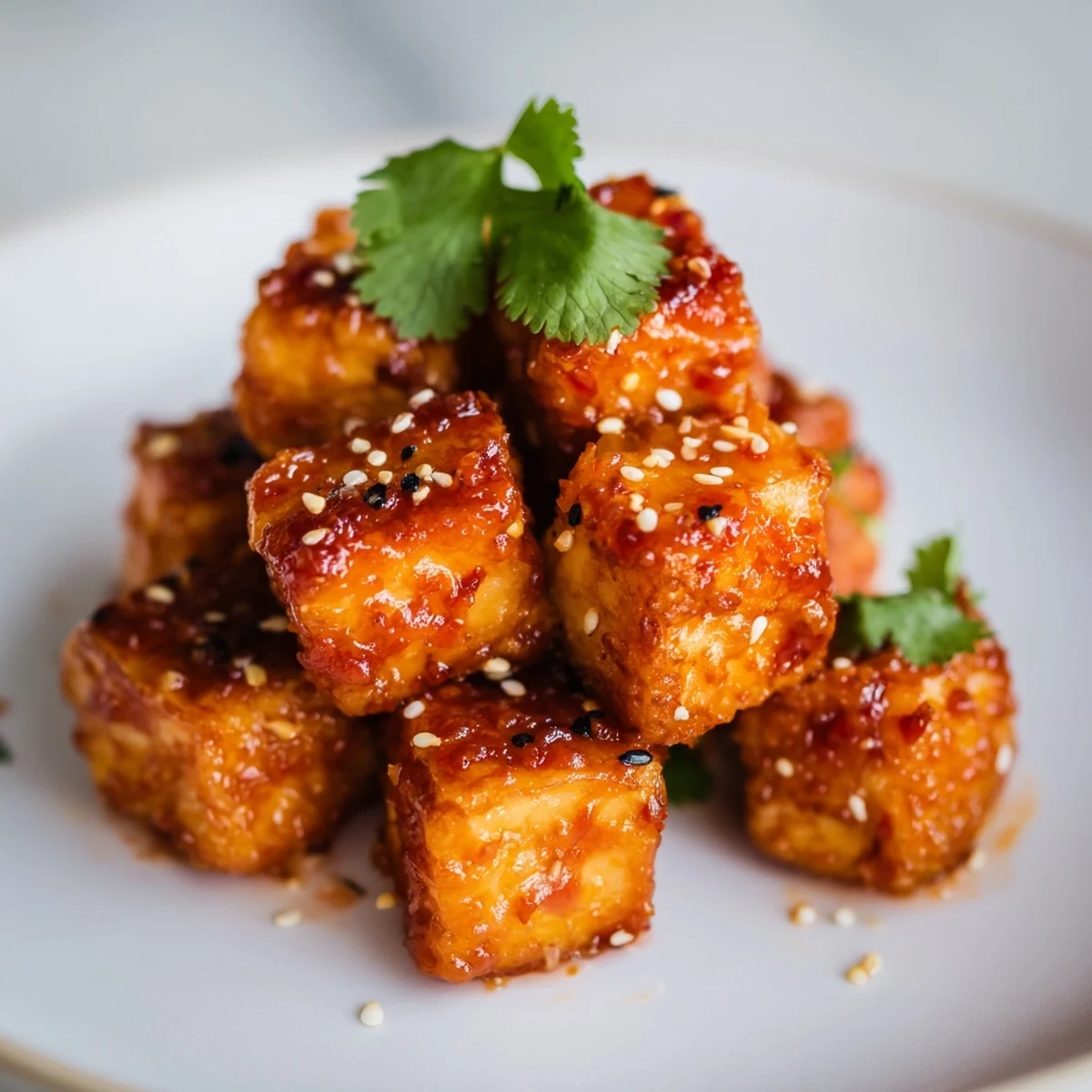 Vegan crispy chili lime tofu served over crunchy broccoli florets with roasted cashews and red pepper slices