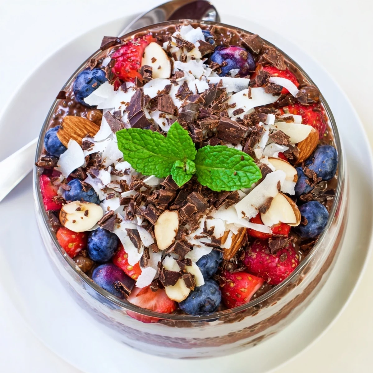 Glass bowl layered with chocolate almond coconut berry protein chia cream topped with fresh berries