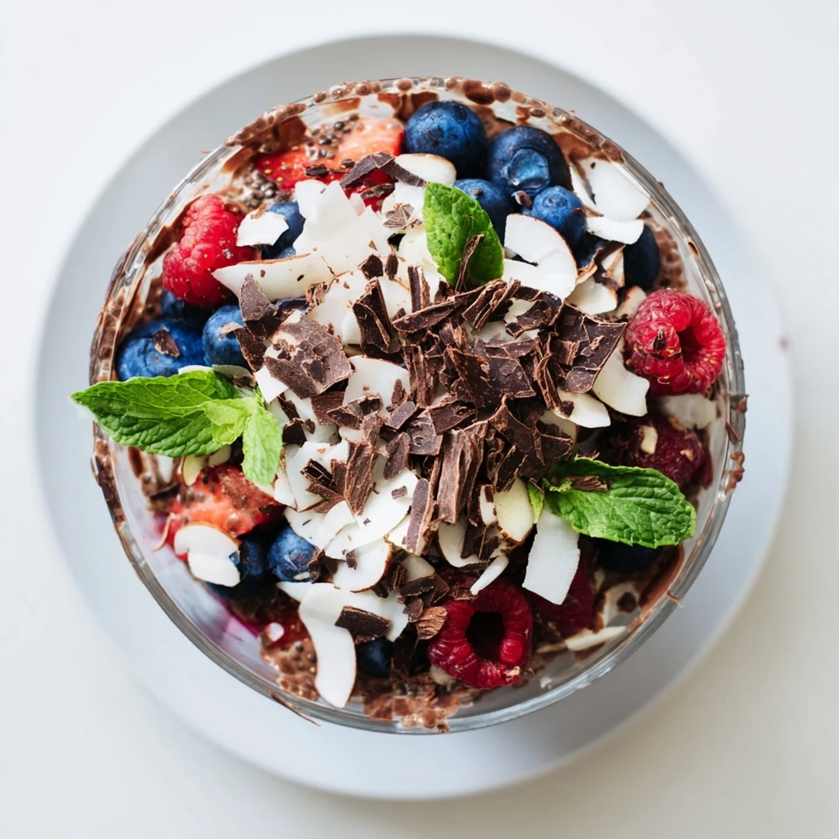 Creamy chocolate protein chia pudding layered with mixed berries and toasted coconut almond topping