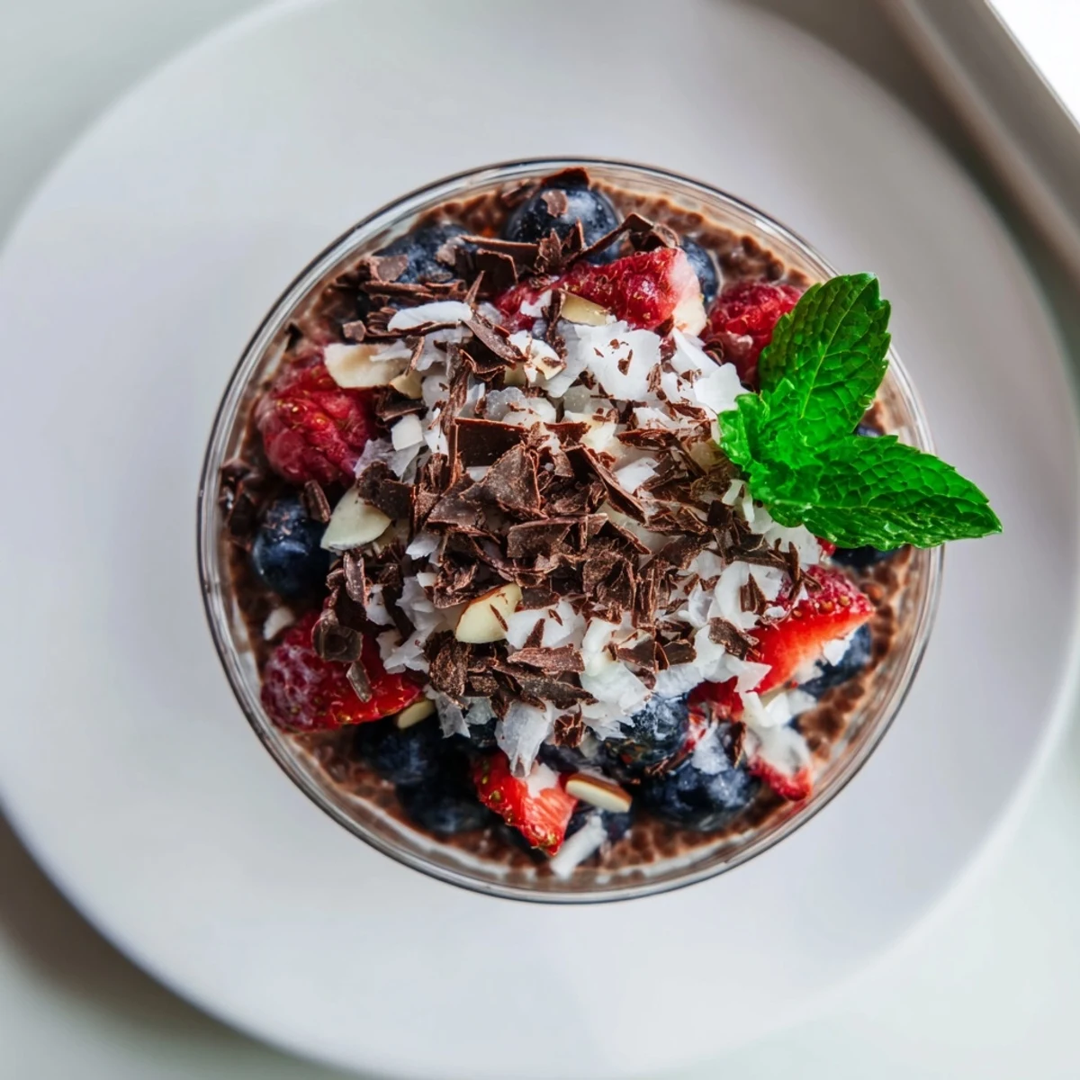 Parfait of chocolate chia cream with coconut almonds and vibrant fresh berry layers