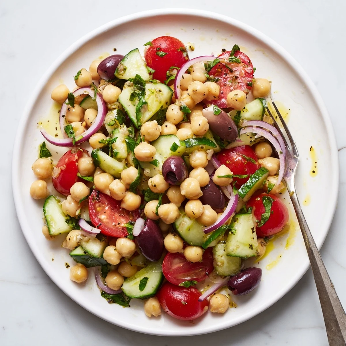 Zesty lemon-dressed chickpea salad featuring crisp cucumber, ripe tomatoes, and fragrant basil