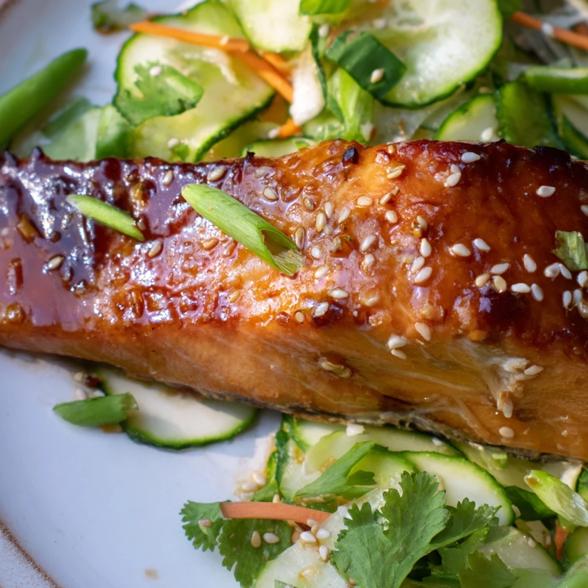 Baked salmon glazed with miso maple sauce atop refreshing cucumber and sugar snap pea salad