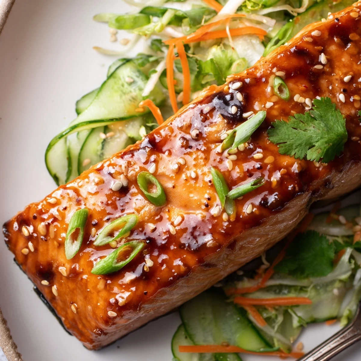Golden caramelized miso maple salmon fillets served over crisp sesame cucumber snap slaw