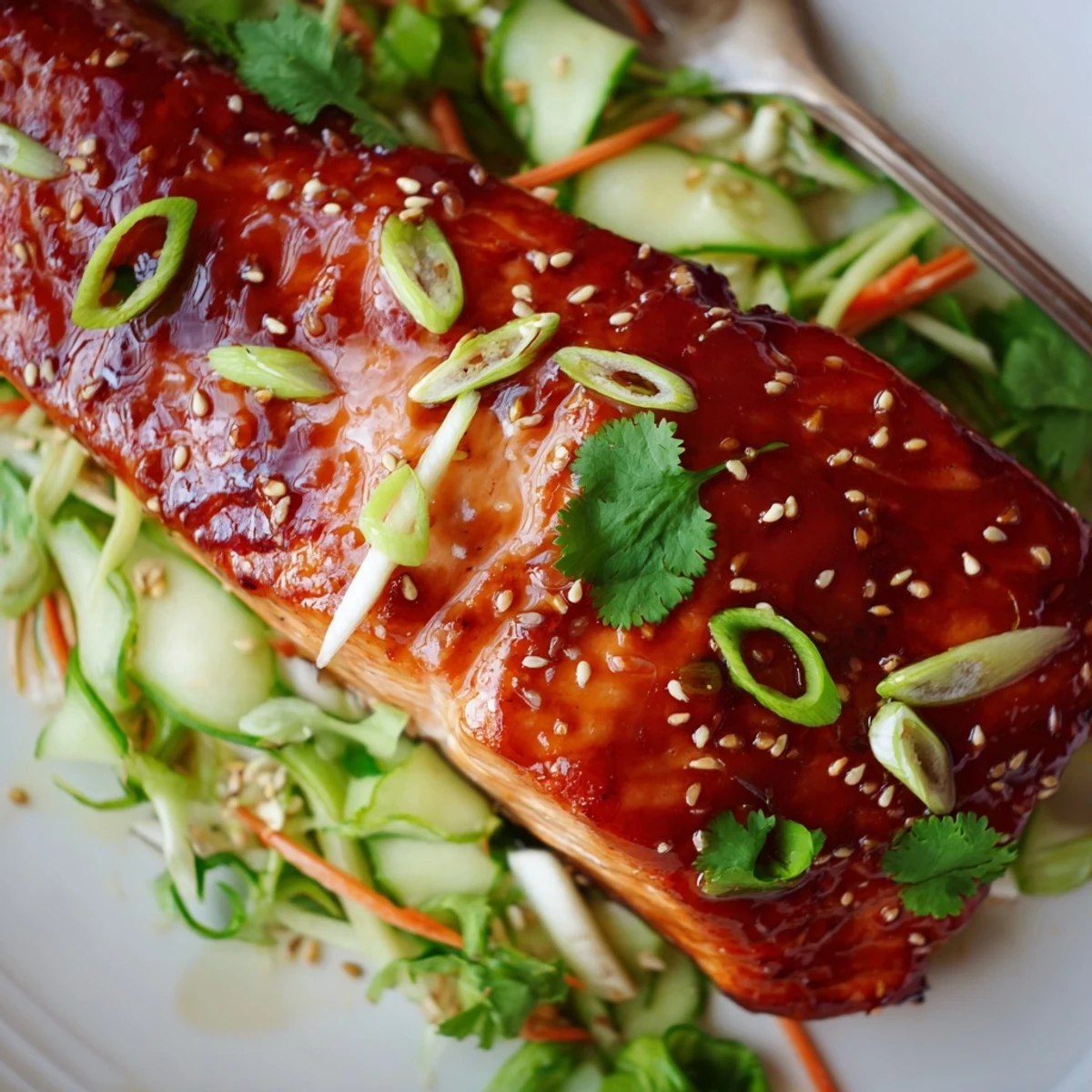 Miso maple salmon with glossy caramelized edges paired with crunchy sesame cucumber slaw