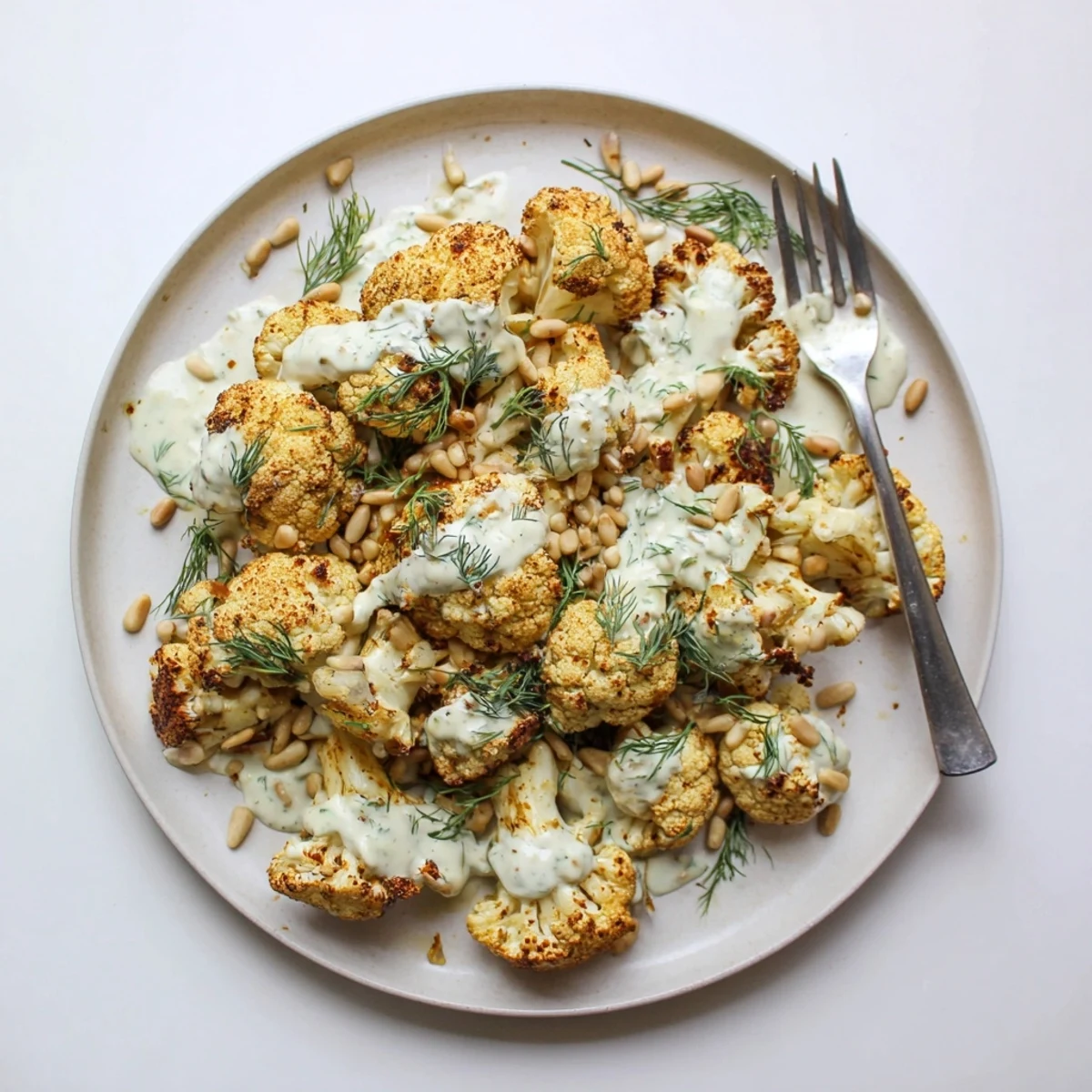 Tender spice-roasted cauliflower topped with bright herbal tahini dressing and garnished with fresh parsley and toasted pine nuts