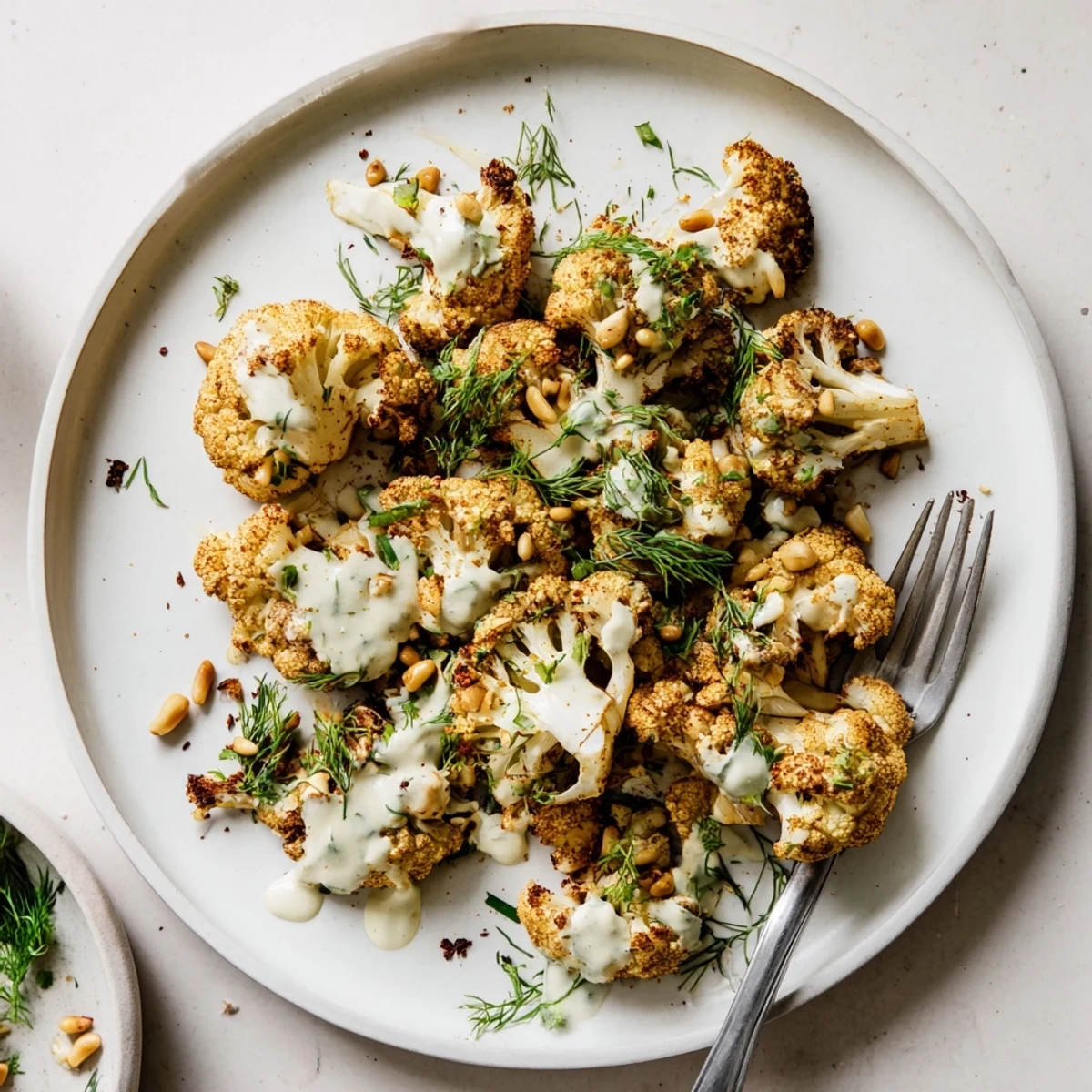 Golden roasted cauliflower florets drizzled with creamy lemon herb tahini sauce on a white serving platter