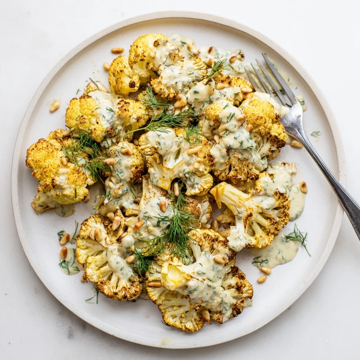 Mediterranean-style roasted cauliflower with golden edges served alongside a velvety lemon herb tahini sauce for dipping