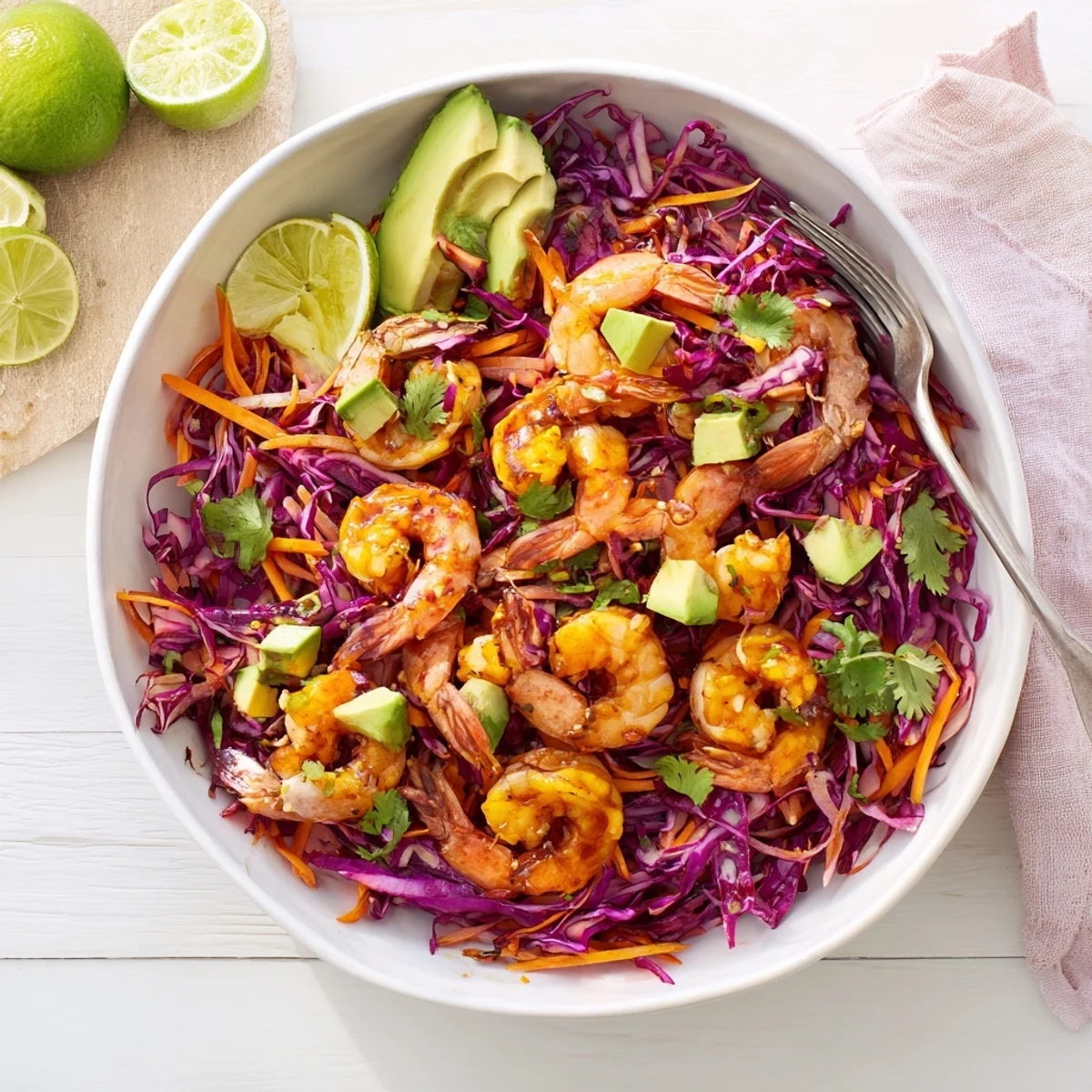 Glistening, tangy Spicy Mango Shrimp With Lime Avocado Cabbage Crunch in bowl