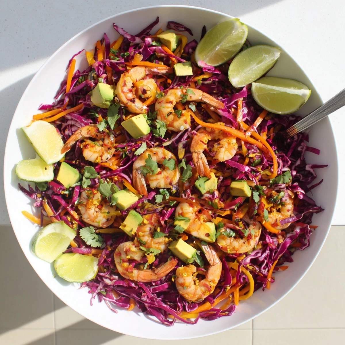 Juicy mango-glazed Spicy Mango Shrimp With Lime Avocado Cabbage Crunch atop crisp slaw
