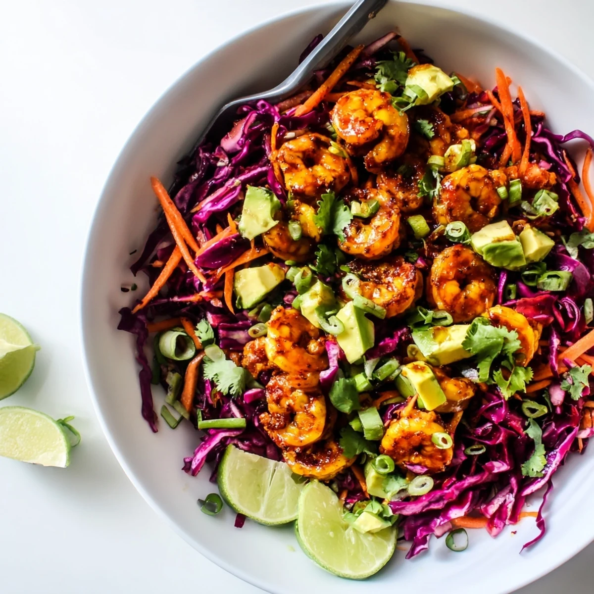 Spicy Mango Shrimp With Lime Avocado Cabbage Crunch served over warm tortillas