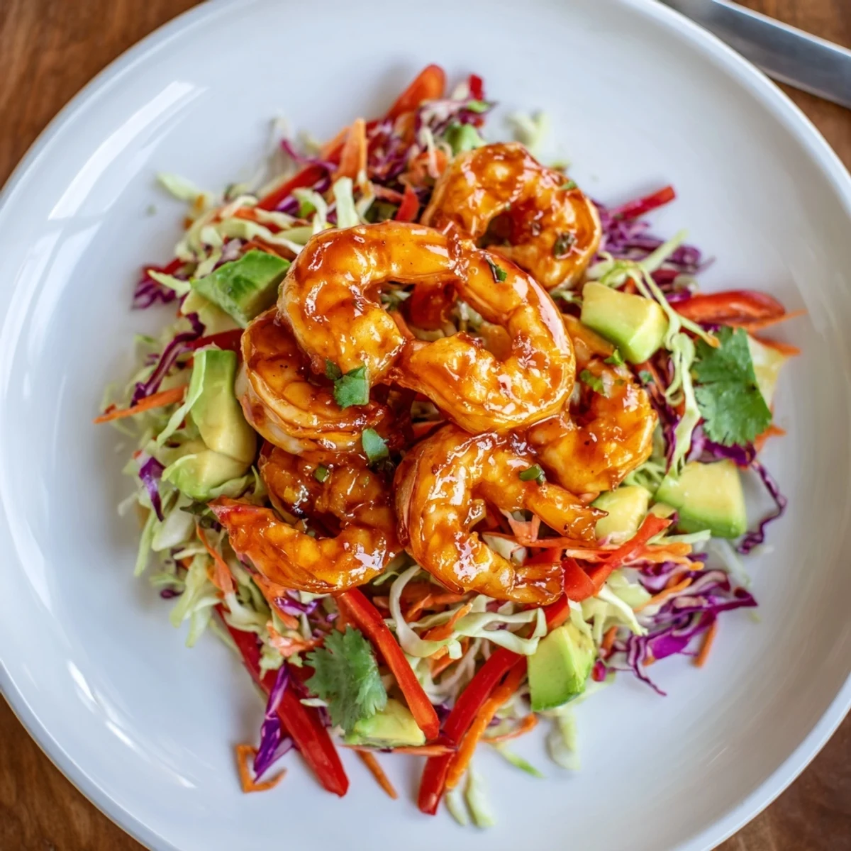 Spicy Pineapple Shrimp With Lime Avocado Crunch Slaw glazed, bright, served on plate