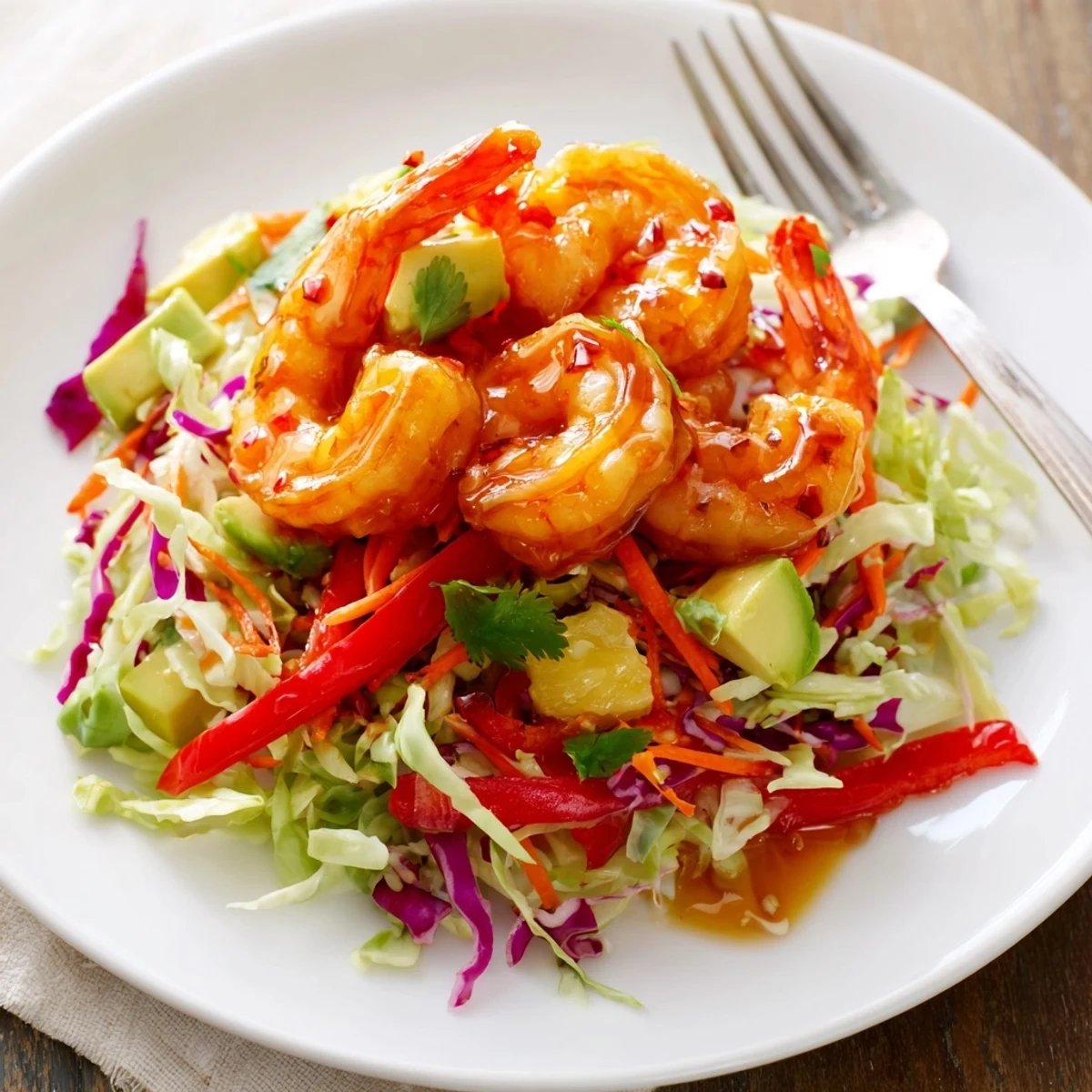 Spicy Pineapple Shrimp With Lime Avocado Crunch Slaw plump, caramelized, served with cilantro garnish
