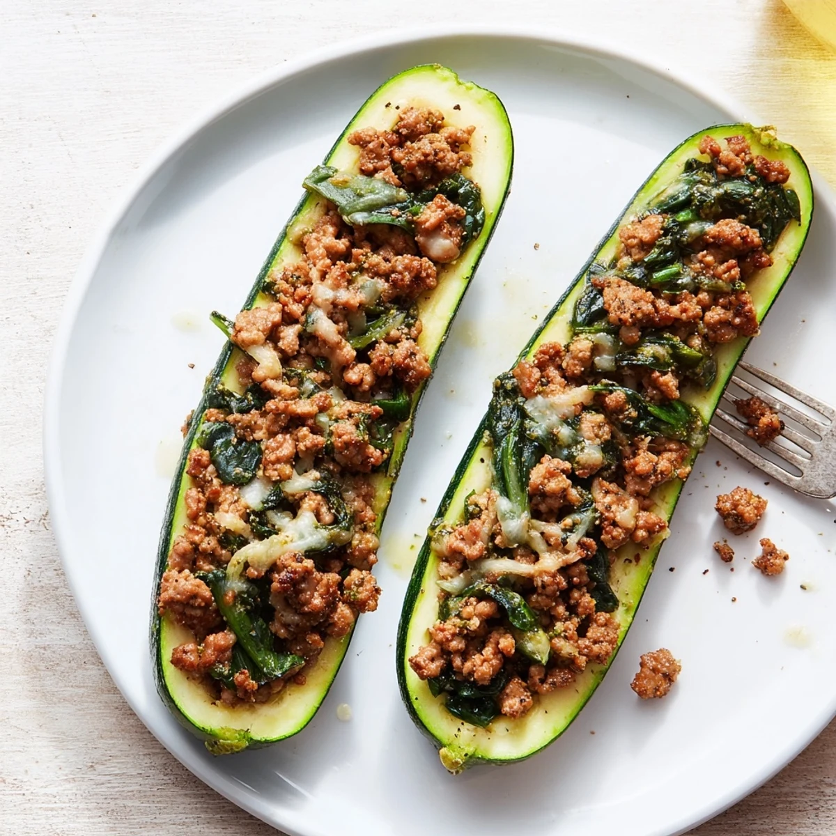 Pesto Turkey and Spinach Zucchini Boats with Fresh Basil, melted mozzarella topping