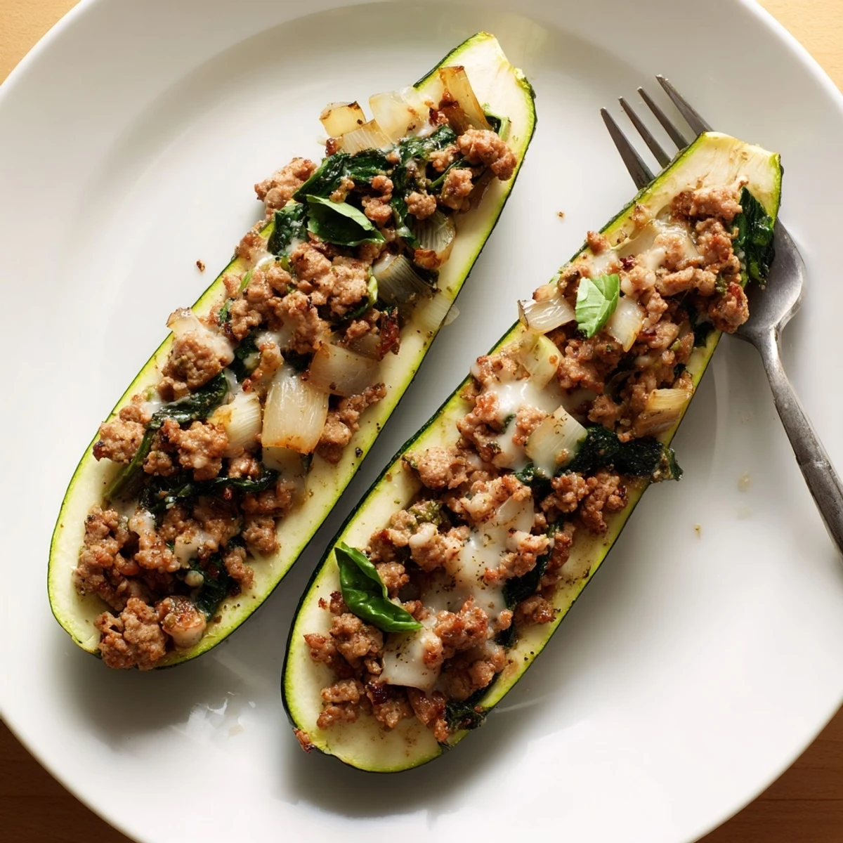 Herb scented Pesto Turkey and Spinach Zucchini Boats with Fresh Basil, gooey cheese