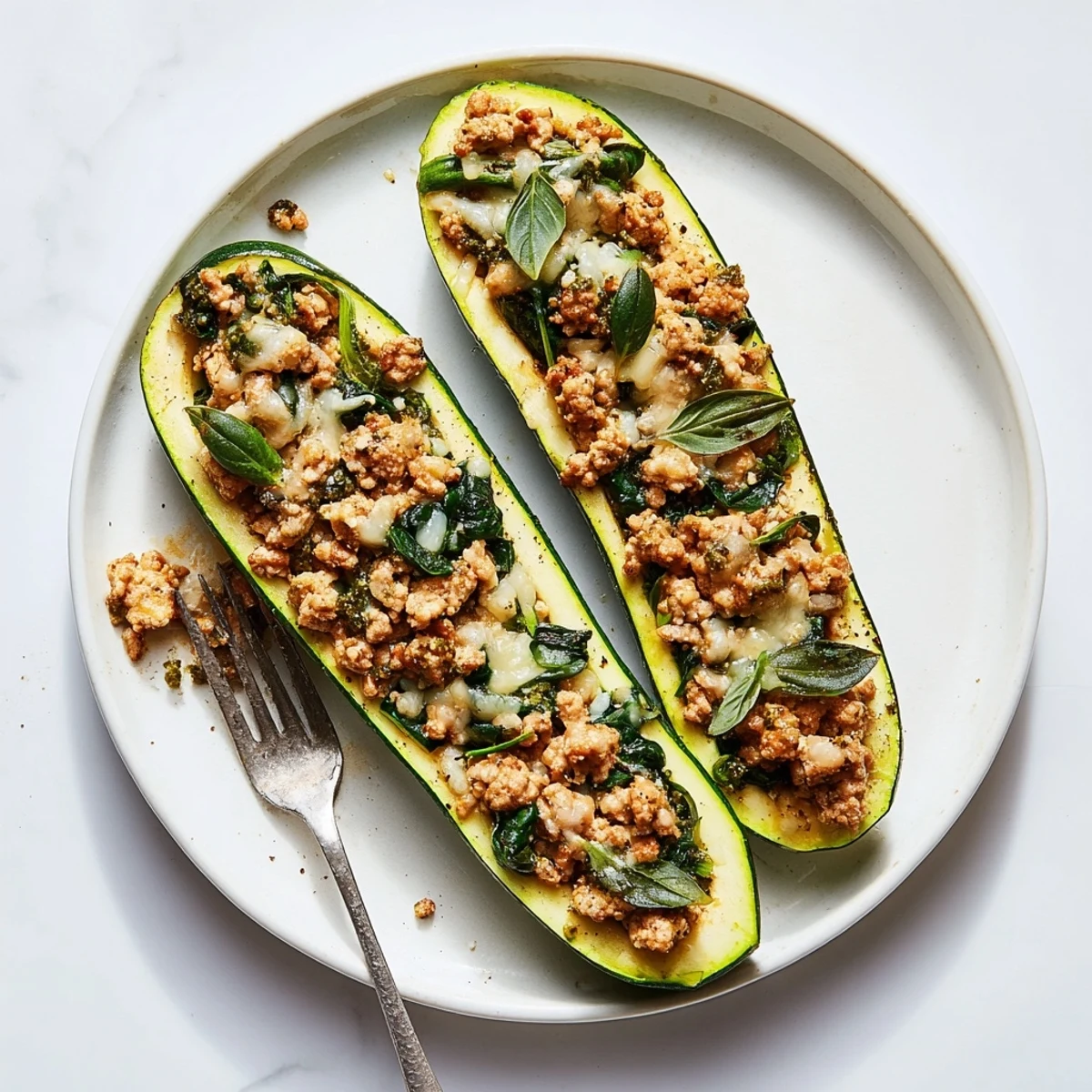 Oven roasted Pesto Turkey and Spinach Zucchini Boats with Fresh Basil, served hot