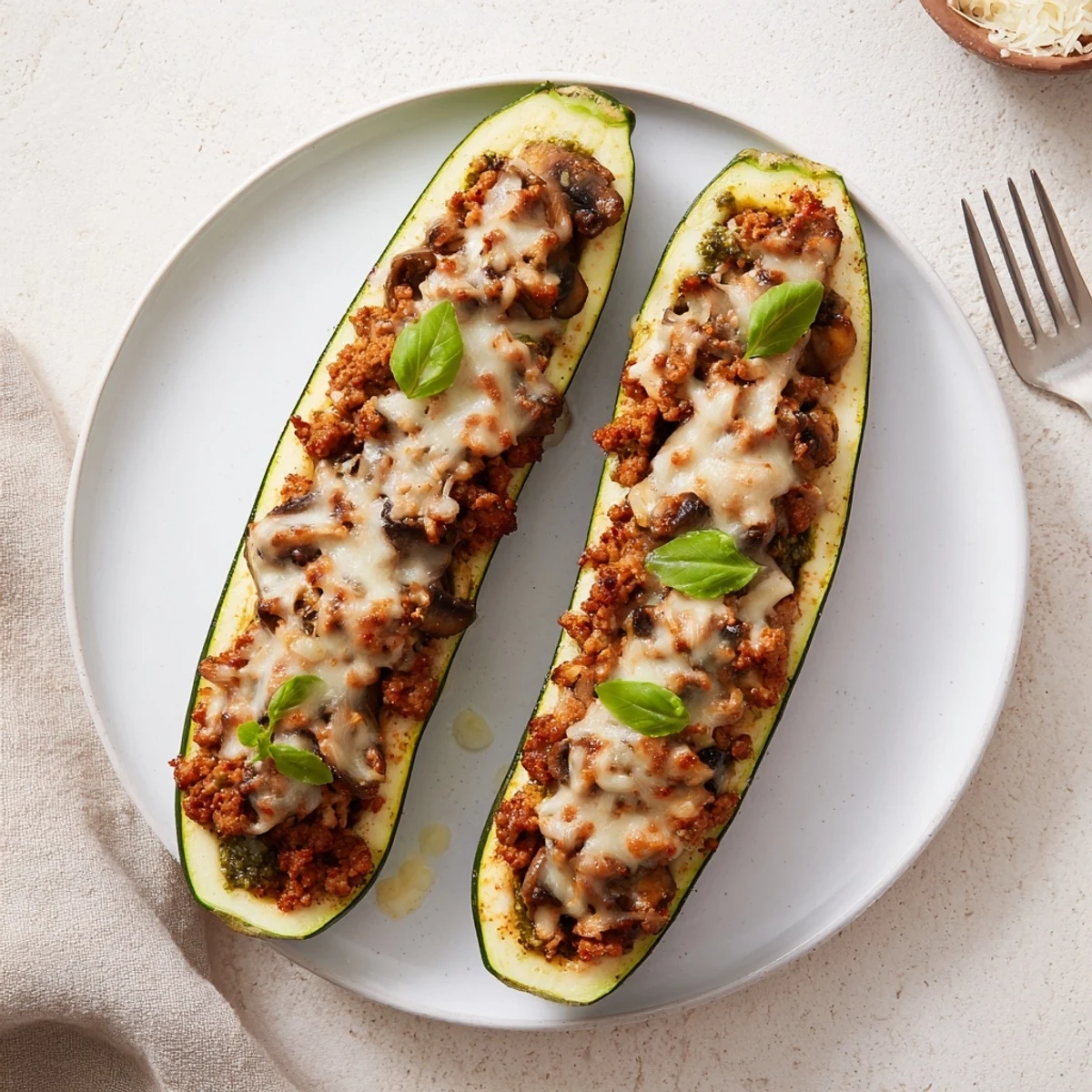Pesto Turkey and Mushroom Zucchini Boats with Basil, bubbling golden mozzarella and oven-warm aroma