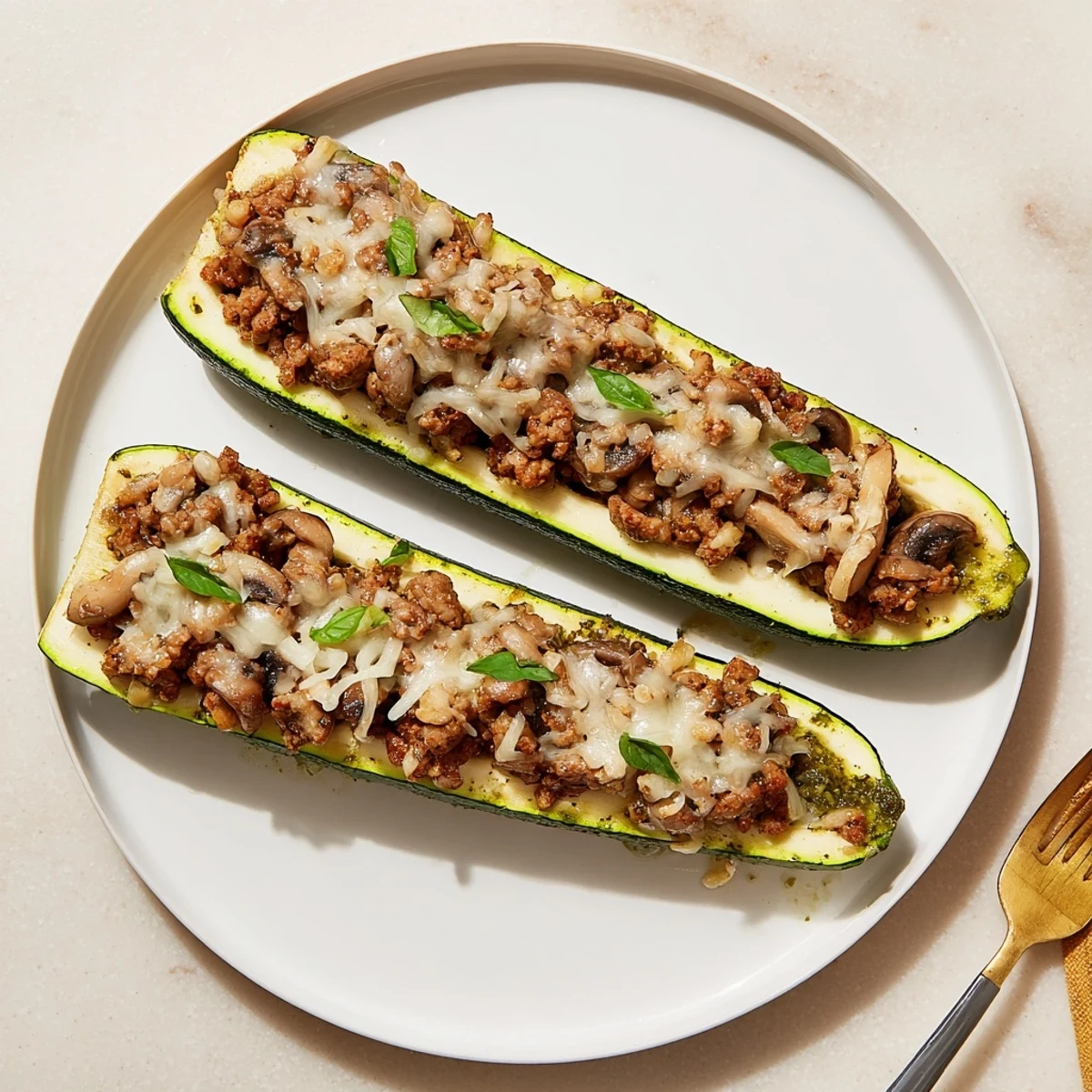 Hearty Pesto Turkey and Mushroom Zucchini Boats with Basil, mushroom-studded turkey filling