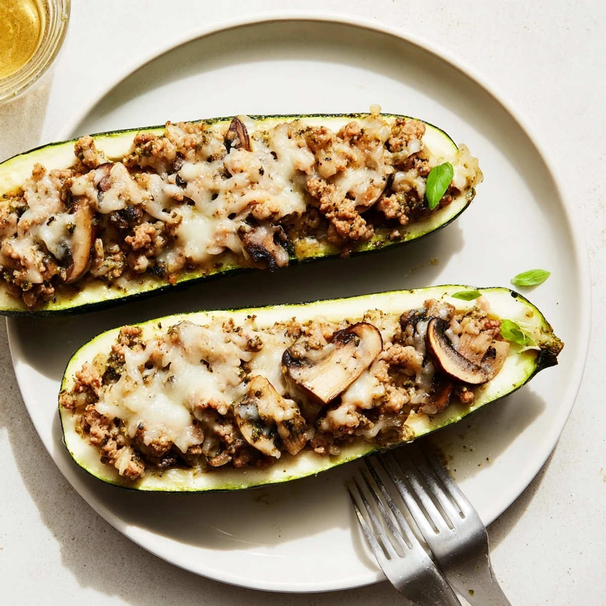 Pesto Turkey and Mushroom Zucchini Boats with Basil steaming on a rustic plate