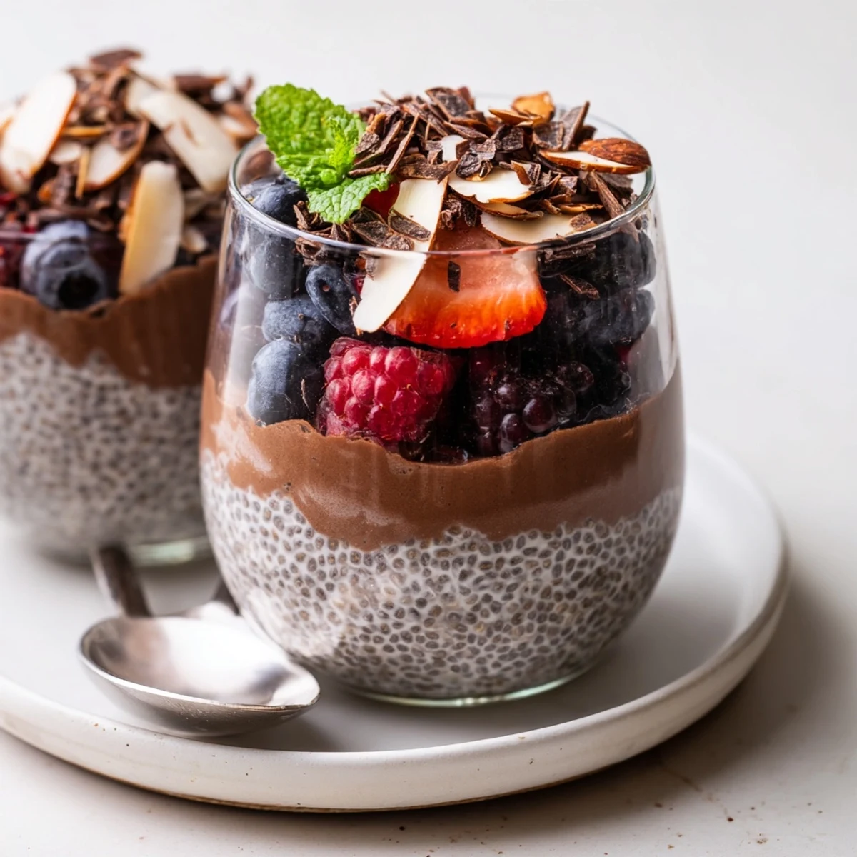 Creamy Chocolate Coconut Almond Berry Protein Chia Cream with spoon revealing berry layer