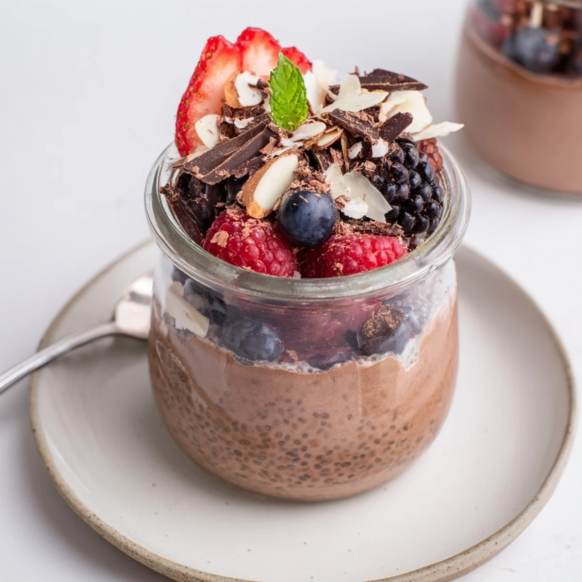Chocolate Coconut Almond Berry Protein Chia Cream in chilled jars topped with toasted almonds