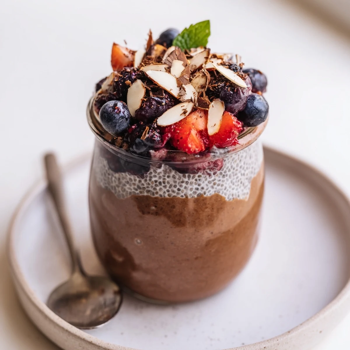 Chocolate Coconut Almond Berry Protein Chia Cream garnished with dark chocolate shavings and mint