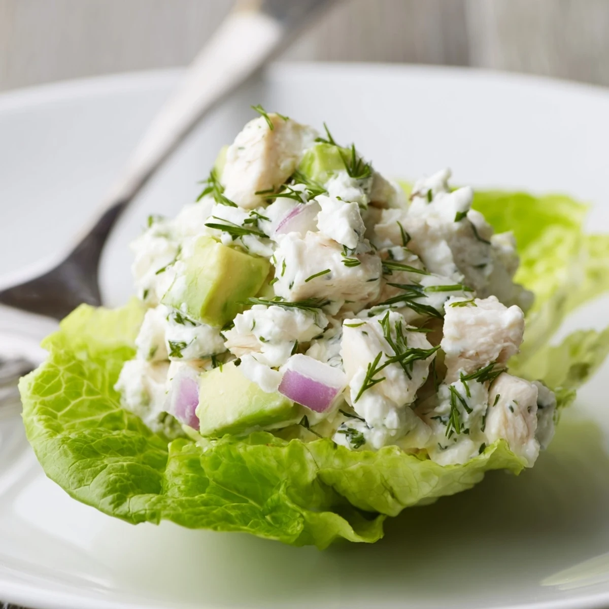 Bright Cottage Cheese Avocado Herb Chicken Salad Cups with lemony herbs and creamy avocado  