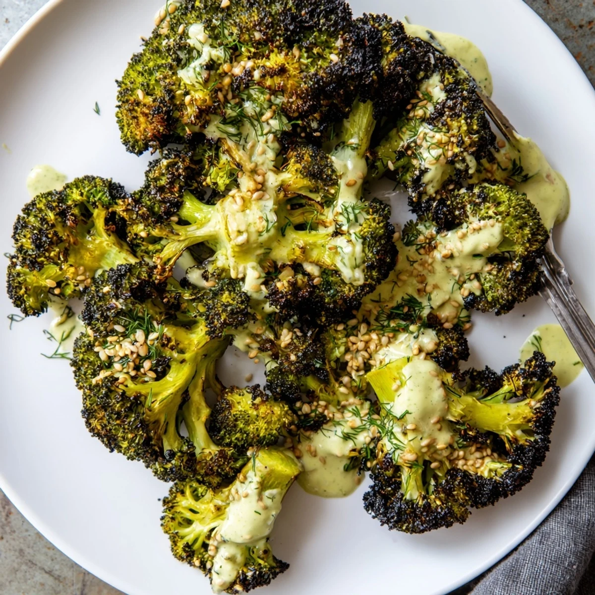 Roasted Broccoli With Lemon Herb Tahini Sauce with golden-charred florets and creamy drizzle