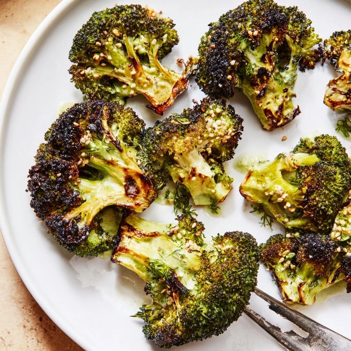 Close-up of Roasted Broccoli With Lemon Herb Tahini Sauce drizzled, warm with toasted sesame