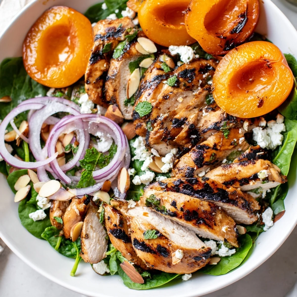 Bright lemon-drizzled Grilled Apricot and Spinach Chicken Salad with Mint Basil
