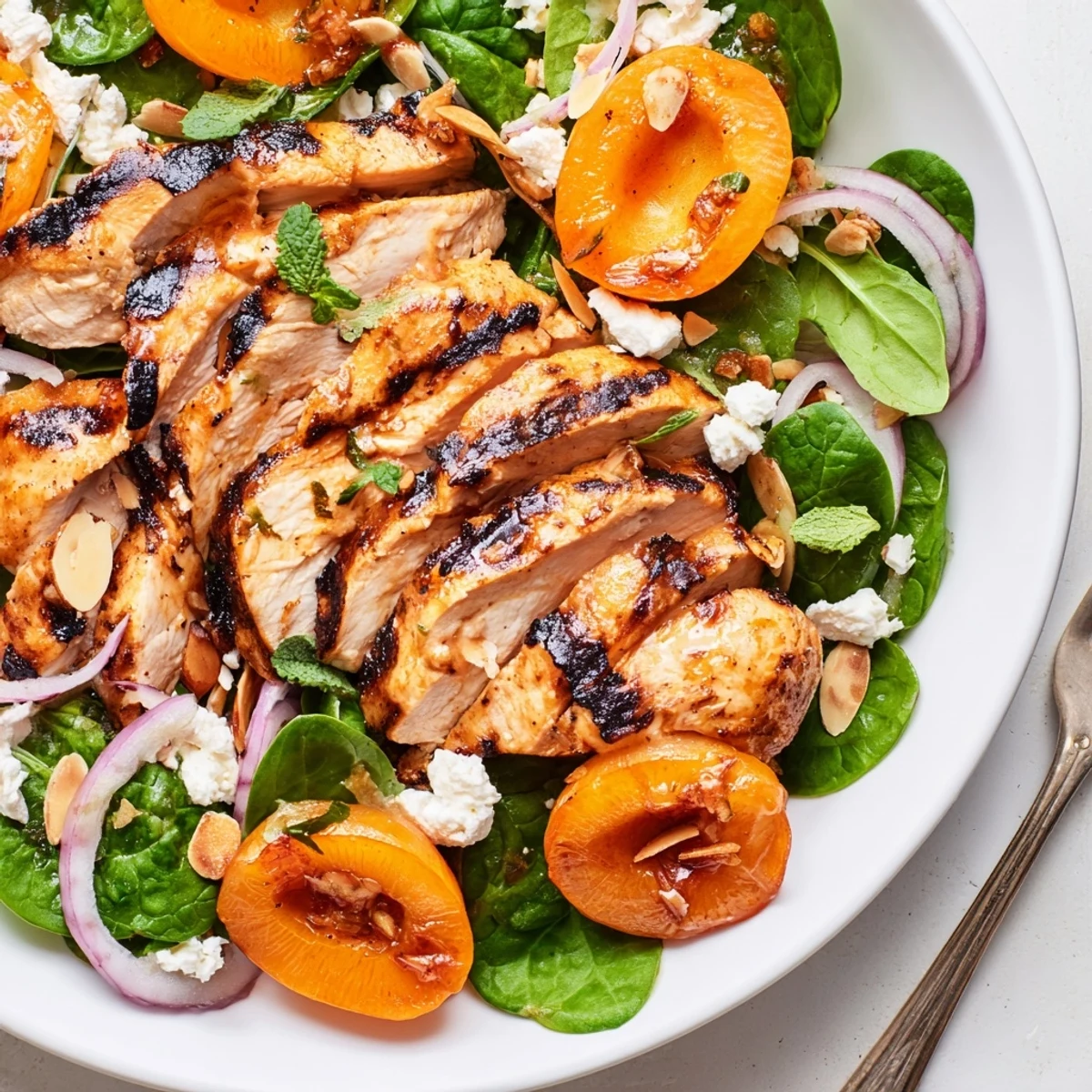 Grilled Apricot and Spinach Chicken Salad with Mint Basil, charred apricots and warm chicken
