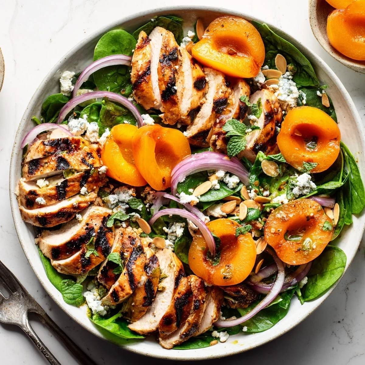 Grilled Apricot and Spinach Chicken Salad with Mint Basil, topped with crumbled feta