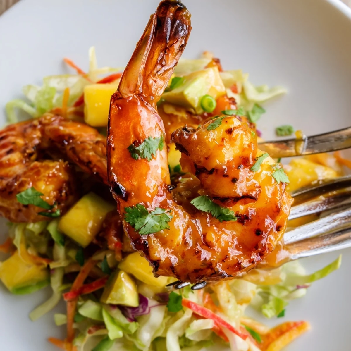 Spicy Mango Shrimp With Lime Avocado Crunch Slaw, glossy mango glaze and cilantro