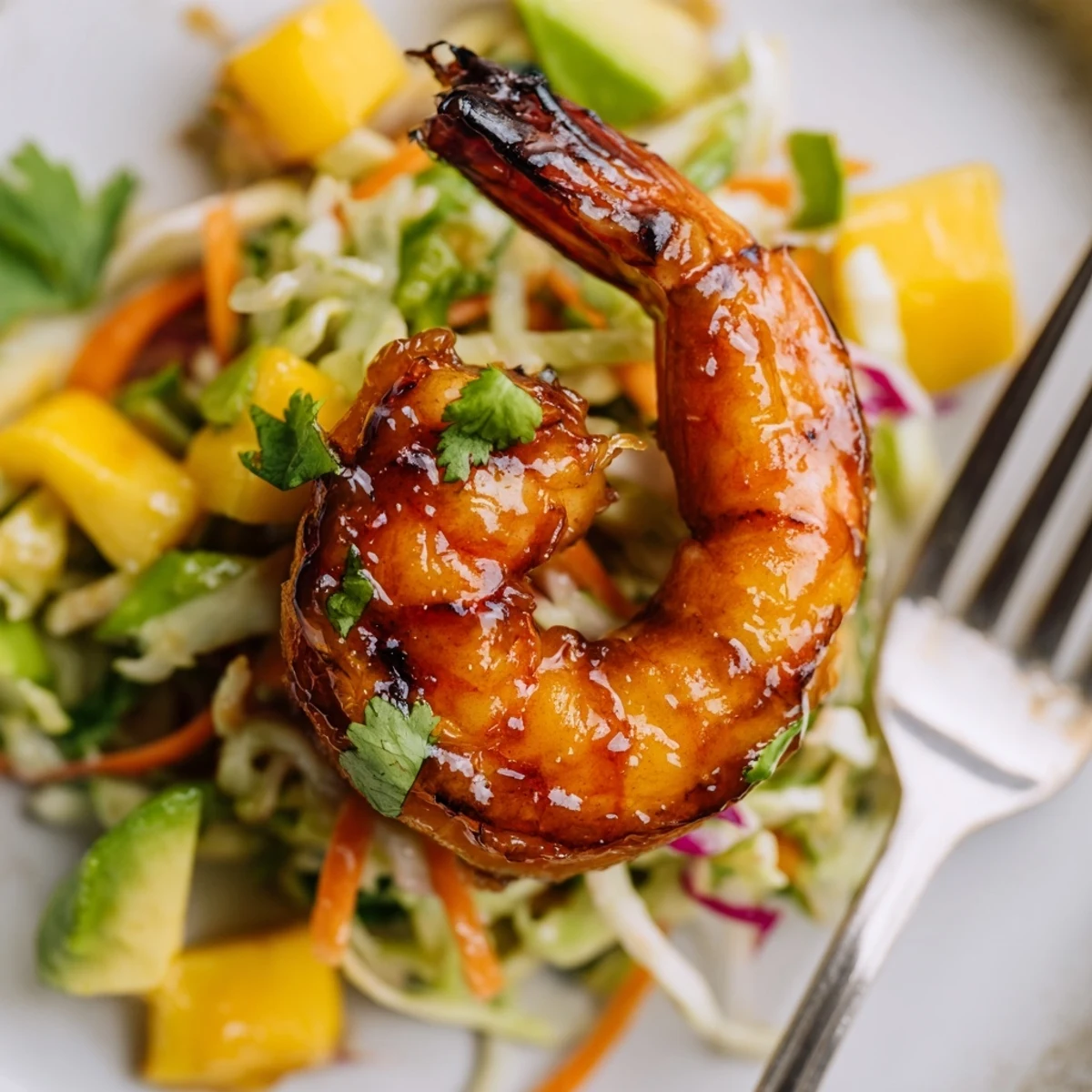 Brightly sauced Spicy Mango Shrimp With Lime Avocado Crunch Slaw, served with tortillas