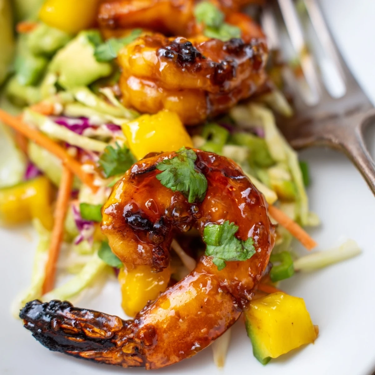 Grilled Spicy Mango Shrimp With Lime Avocado Crunch Slaw atop crisp cabbage bed