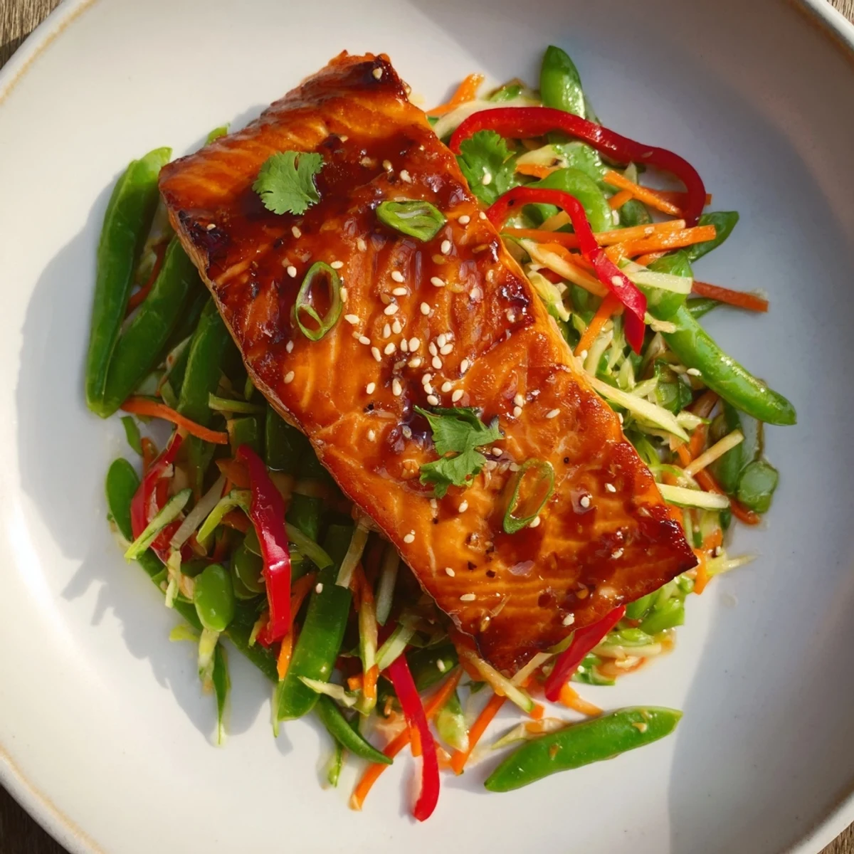 Miso Ginger Salmon With Sesame Snap Pea Slaw served over steaming jasmine rice