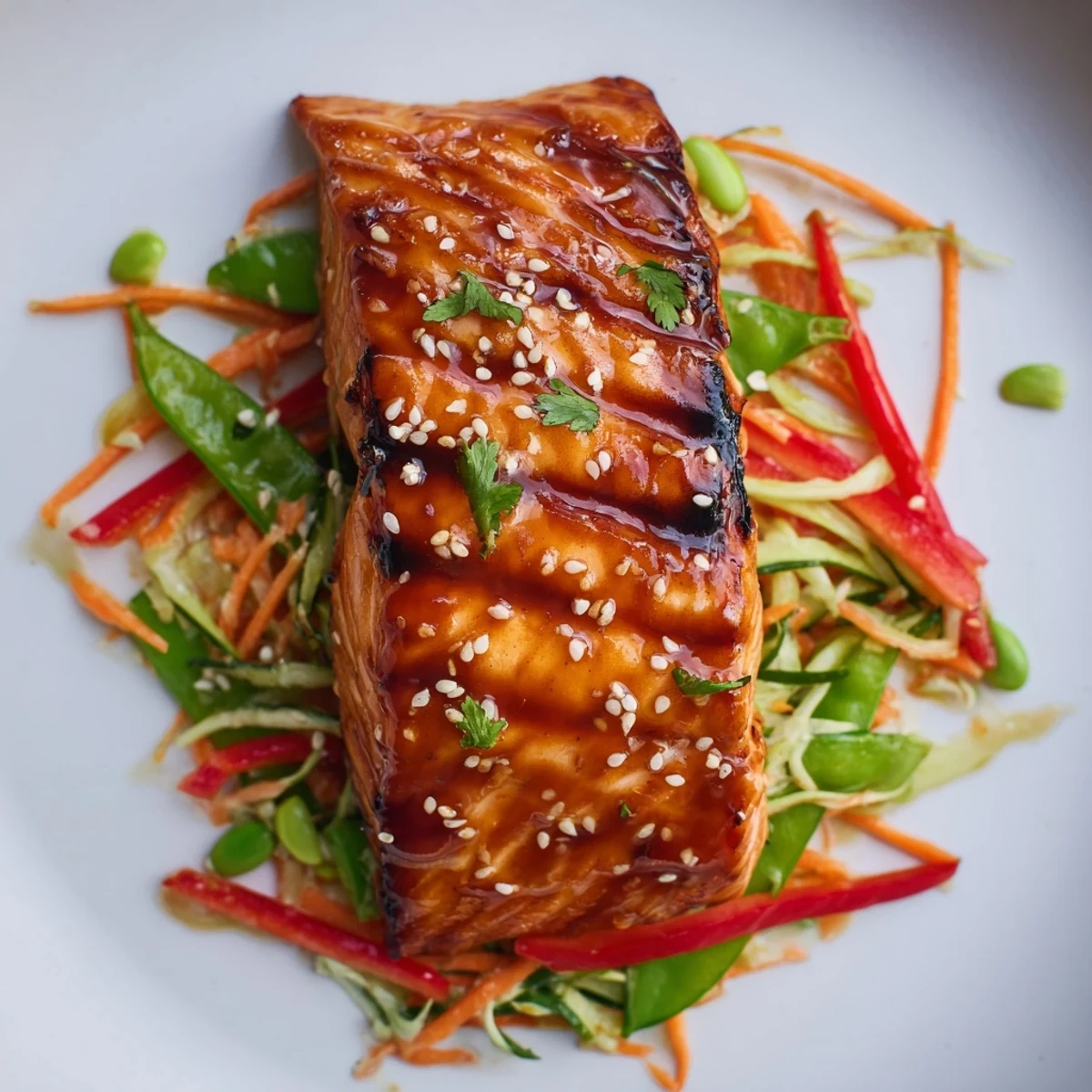 Miso Ginger Salmon With Sesame Snap Pea Slaw plated with fresh lime