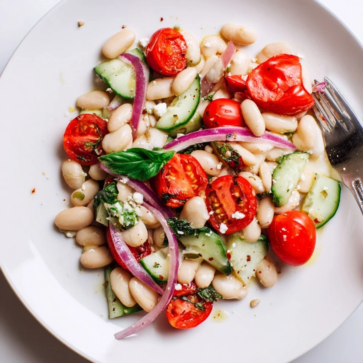 Mediterranean White Bean and Tomato Basil Cucumber Salad fragrant basil and optional crumbled feta