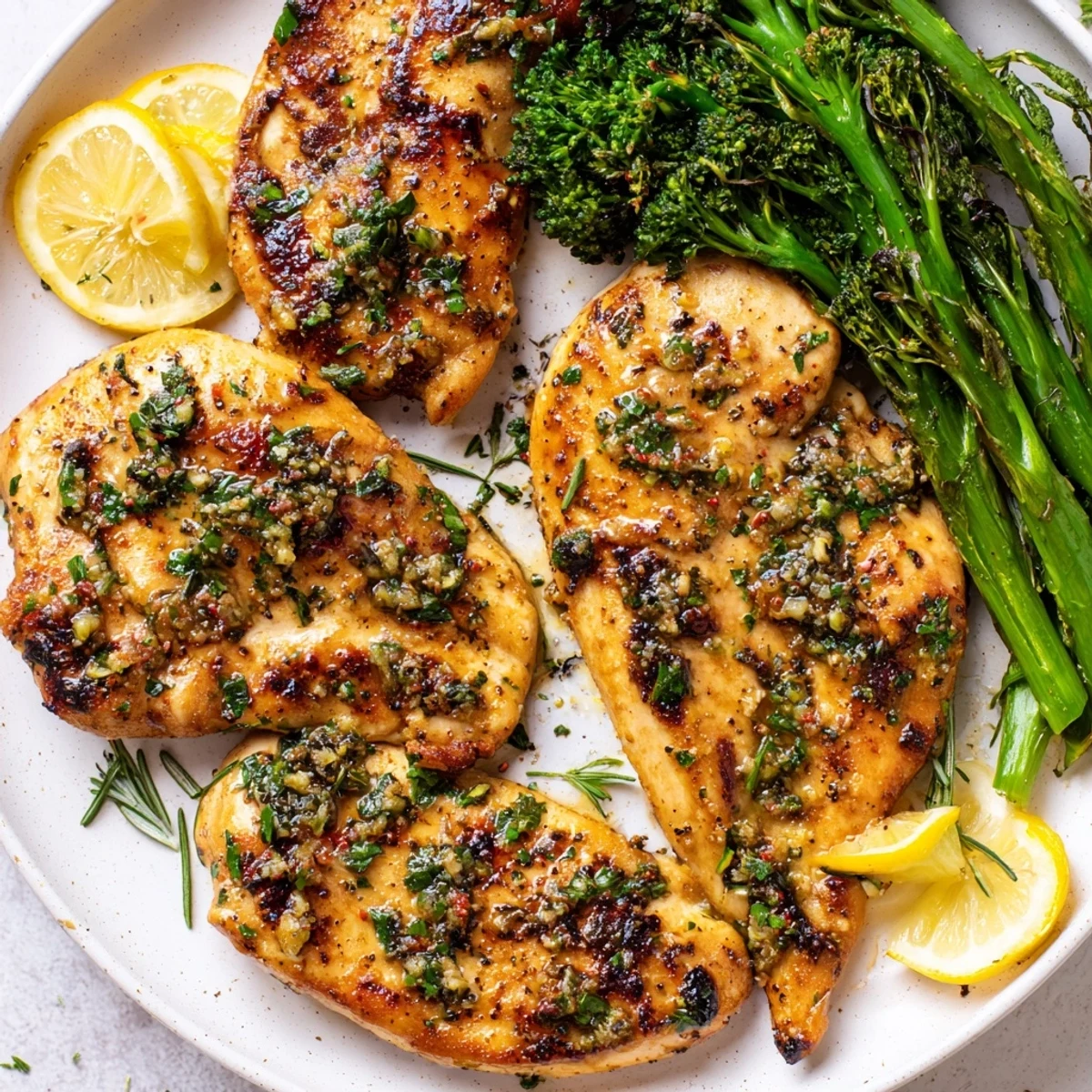 Garlic Herb Chicken With Roasted Broccolini And Lemon served with bright lemon wedges